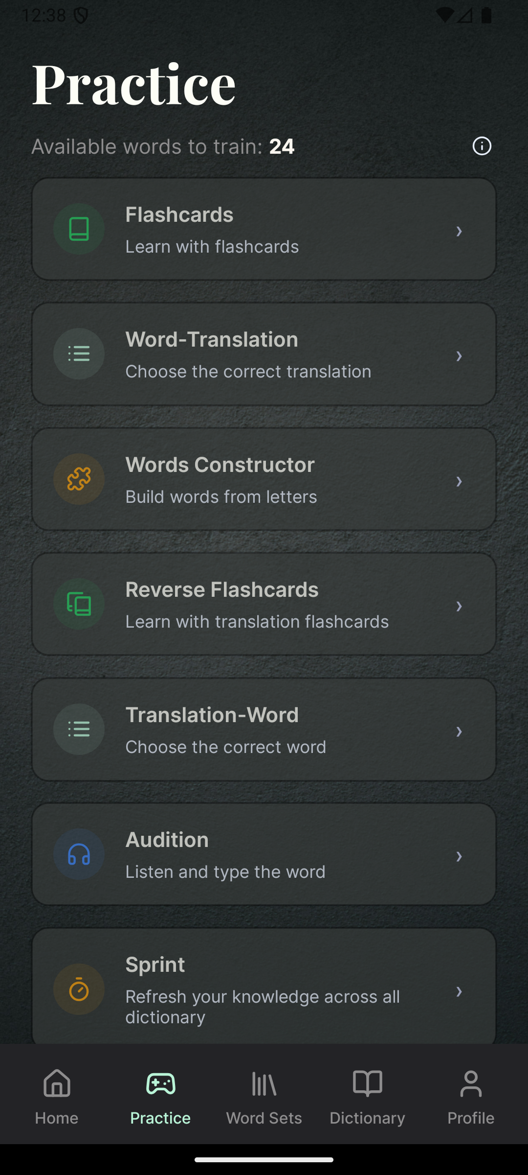 Paraword vocabulary creation screen
