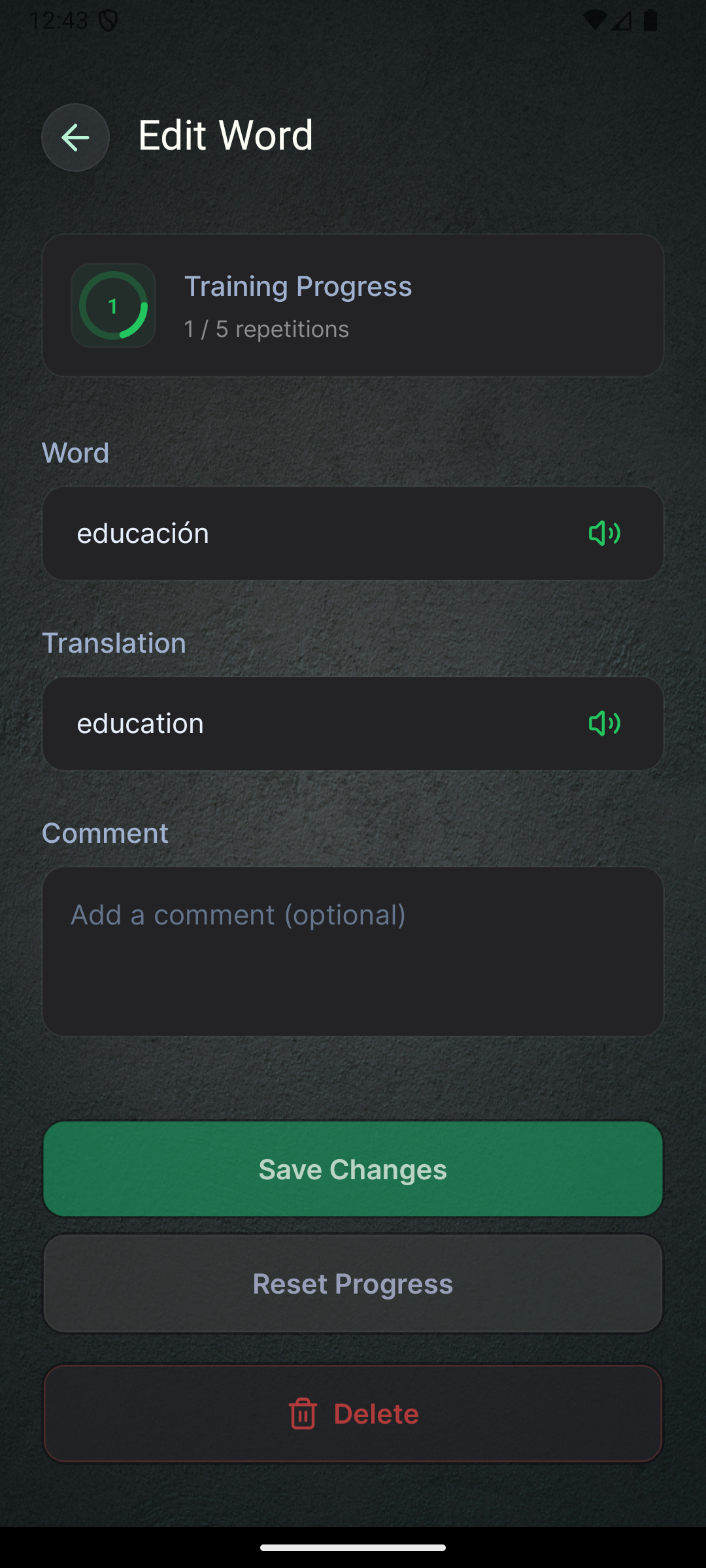 Paraword training modes screen
